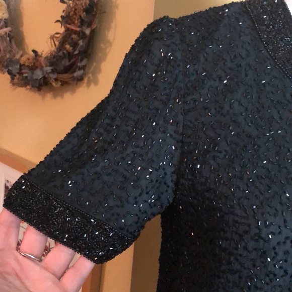 Vintage Y2K STENAY Size Small Beaded Silk Evening Top Blazer Ink Black Elegant - Picture 6 of 16